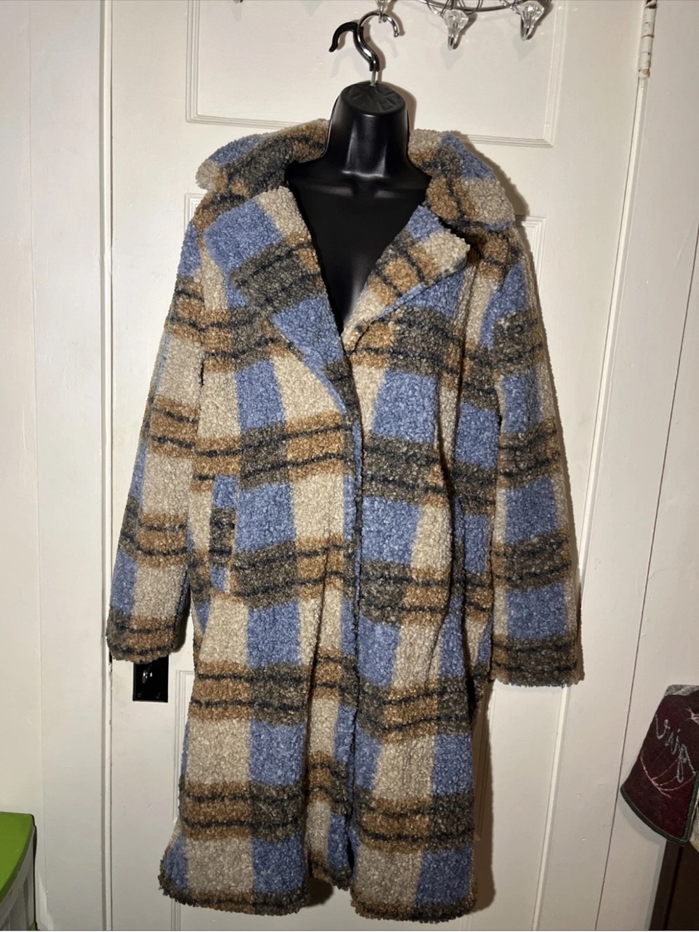 Stoosh Teddy Coat Women's Plaid Sherpa Long Jacket Blue Beige Snap Front Large